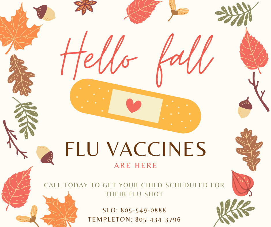 Fall-themed flu vaccine flyer with leaves, “Hello fall,” and clinic contact details.