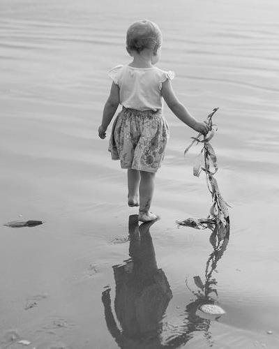 Child wading in shallow water, holding seaweed, with reflection on the wet sand