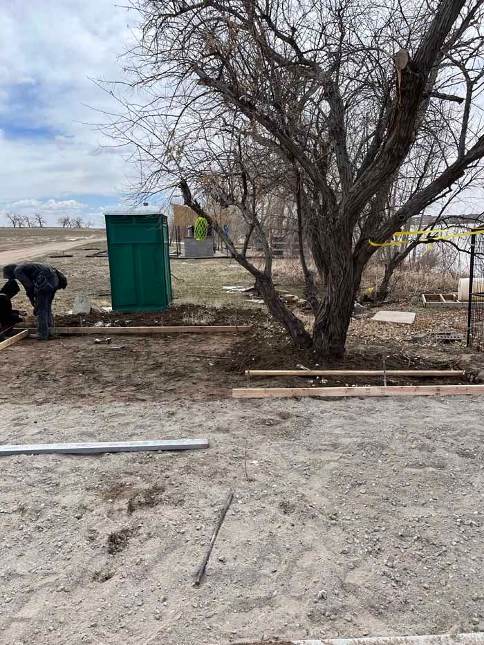 Construction site with a tree, porta-potty, and workers setting up concrete forms.