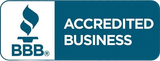 BBB Accredited Business logo, white background with blue flame and text “Accredited Business”.