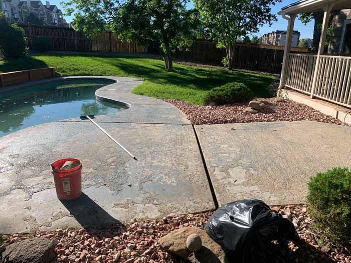 Backyard with pool, concrete patio, green grass, and a wooden fence. A bucket and a pool cleaner lay on the concrete.