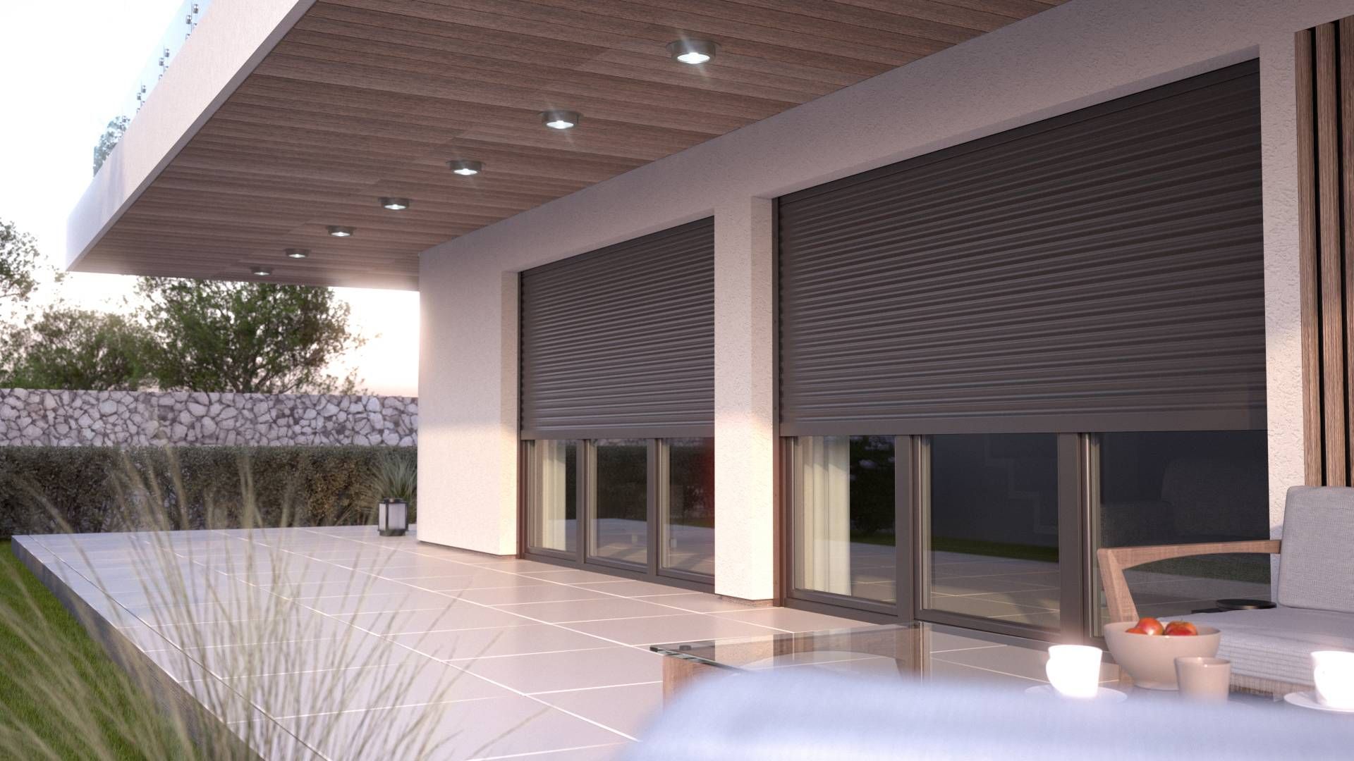 Partially shut rolling shutters as storm preparation and security to protect the home's exterior
