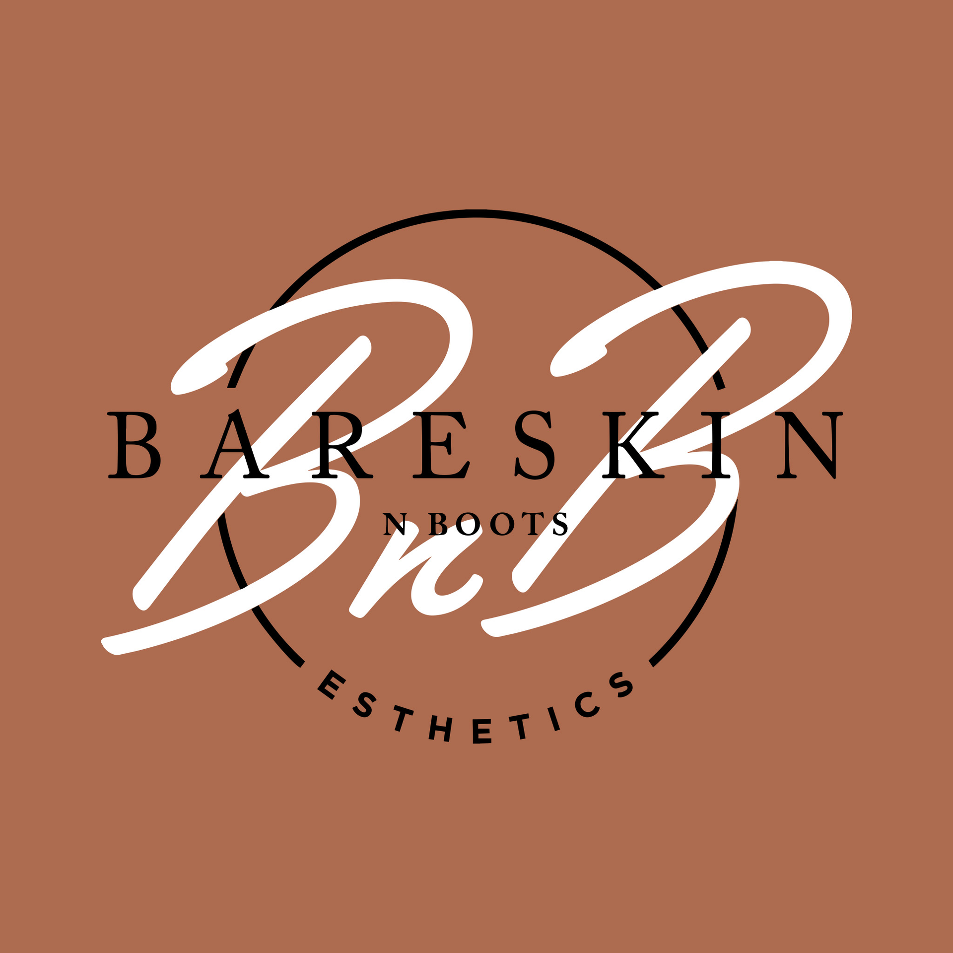 A logo for bareskin n boots esthetics on a brown background