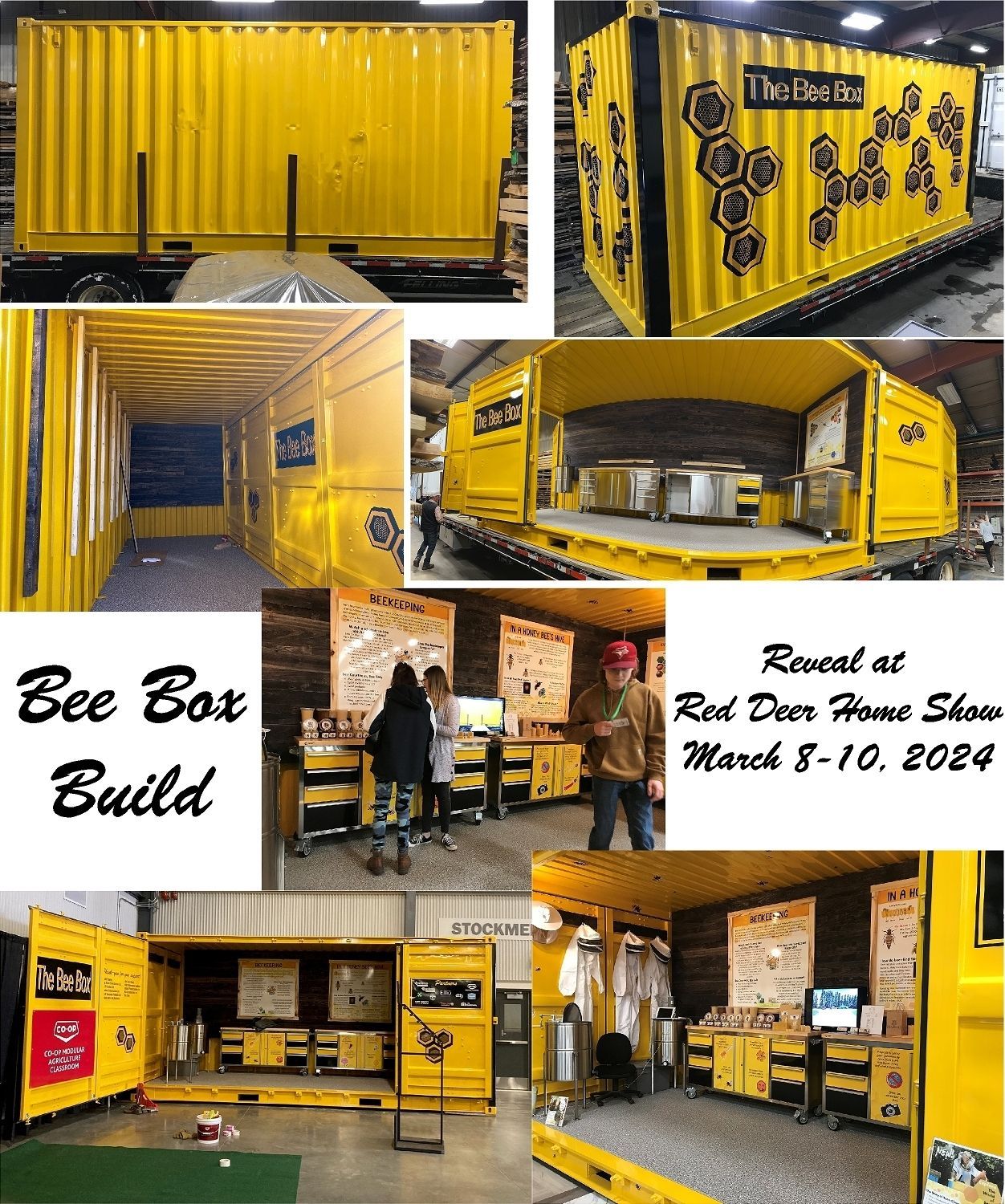 Yellow shipping-container bee box build collage with labeled photos and workshop interior views