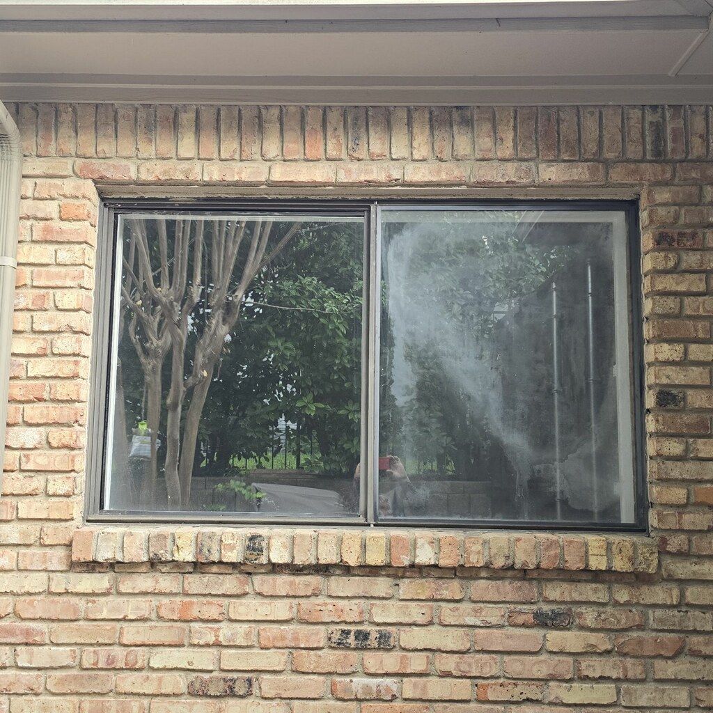 An empty window on a brick wall with trees reflected in it