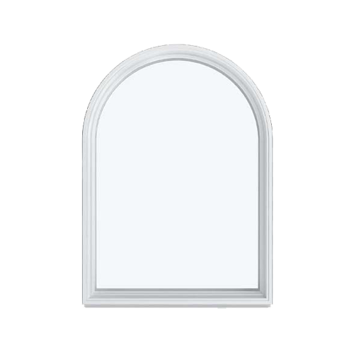 A white arched window with a clear glass on a white background.