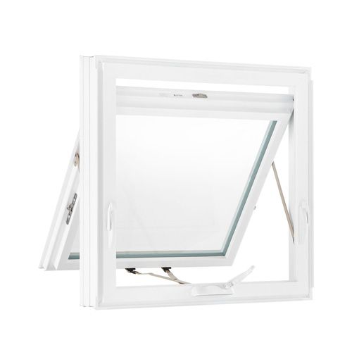 A white awning window with a clear glass on a white background.
