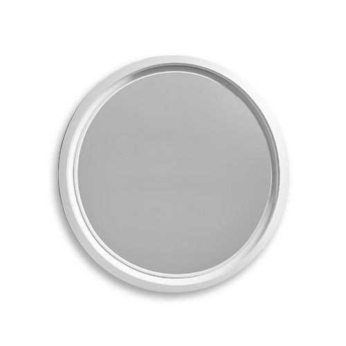 A round mirror with a white frame on a white background.