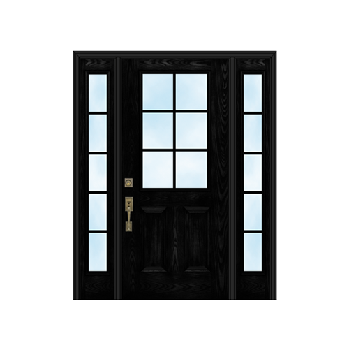 A black door with a lot of windows on a white background.