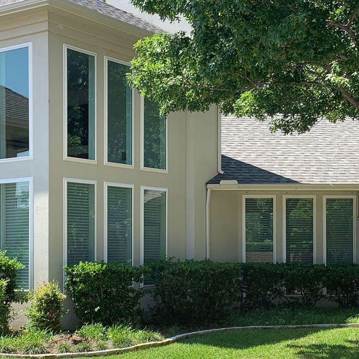 A house with a lot of windows and a tree in front of it