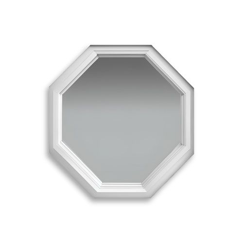 An octagonal mirror with a white frame on a white background