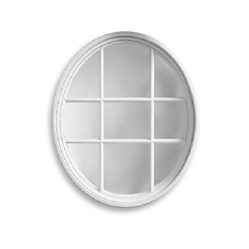 A round window with a white frame and grids on a white background.