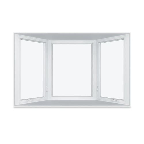 A white bay window with three windows on a white background.