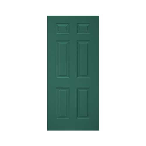 A green door with six panels on a white background.