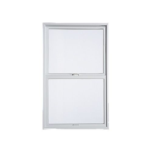 A white double hung window with a white frame on a white background.