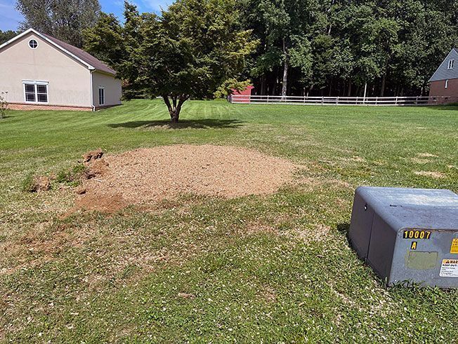 A stump in the middle of a lush green field with a house in the background.