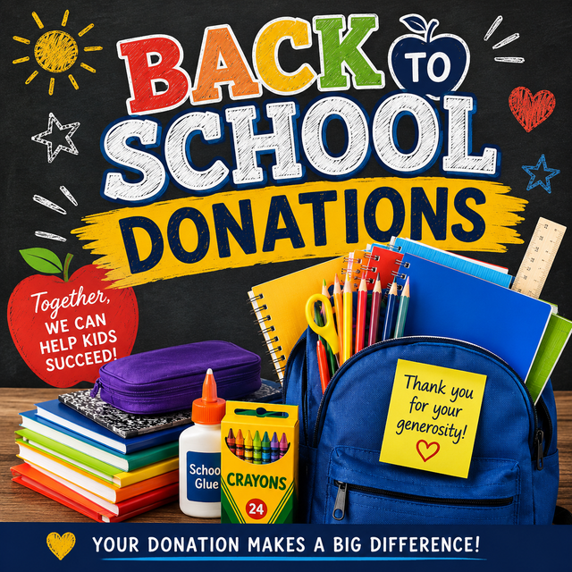 Back to school donations poster with school supplies, notebooks, crayons, and thank-you notes on a chalkboard background