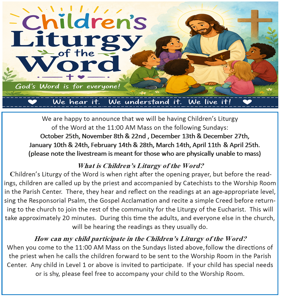 Flyer announcing Children’s Liturgy of the Word dates with a biblical illustration and church contact details.