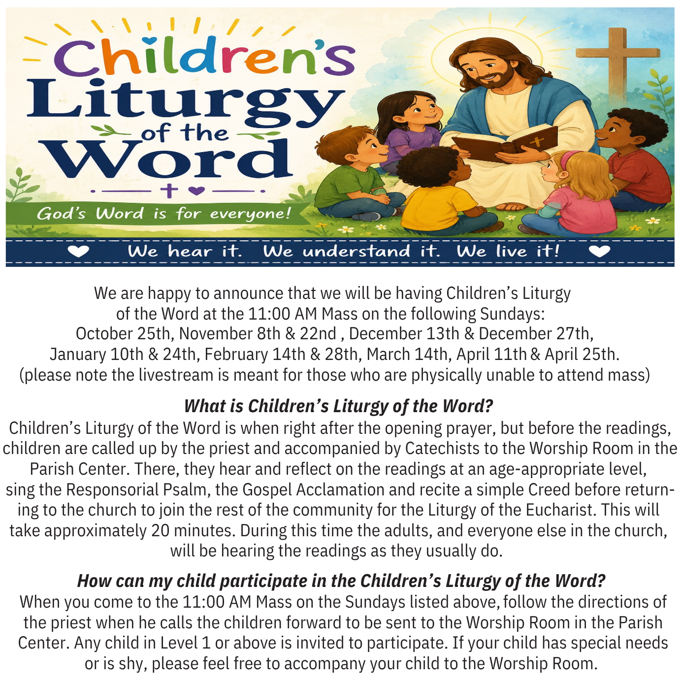 Flyer announcing Children’s Liturgy of the Word dates with a biblical illustration and church contact details.