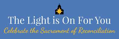 Star-shaped candle icon on blue background with text “The Light is On For You” and “Celebrate the Sacrament of Reconciliation”