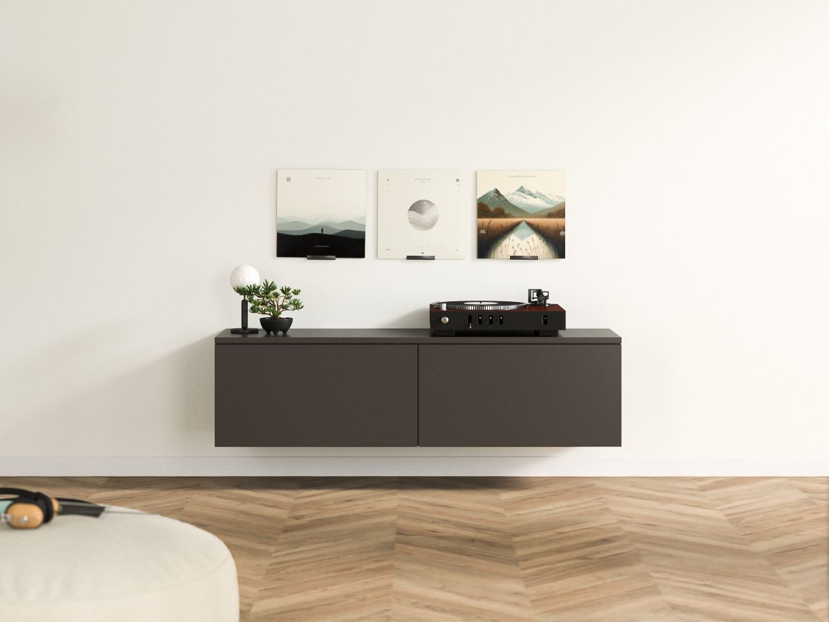 Minimalistischer Wandschrank mit gerahmter Kunst und einer kleinen Pflanze in einem modernen Raum