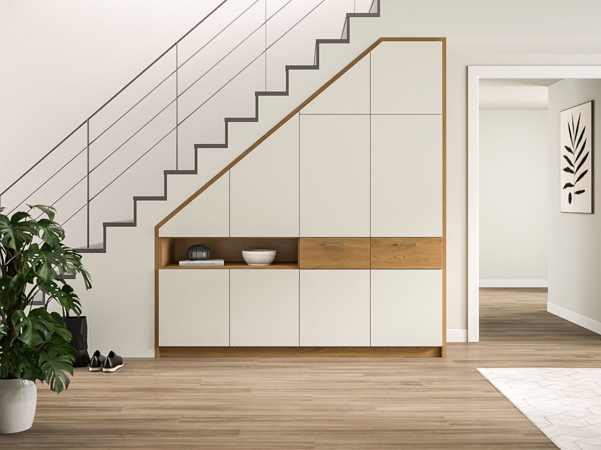 Moderner Treppenaufbewahrungsschrank in Beige und Holzoptik in einem minimalistischen Flur