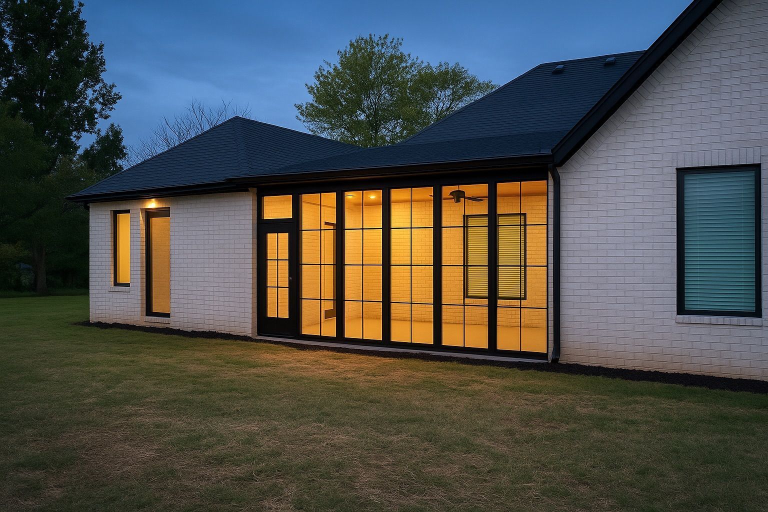 Modern house exterior at dusk with warm-lit windows and a glass patio door opening to a grassy yard