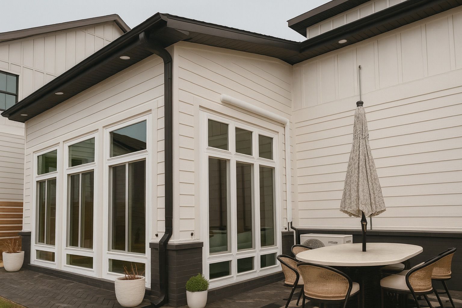 Modern white patio doors and windows on a house exterior with a small table and umbrella on the deck