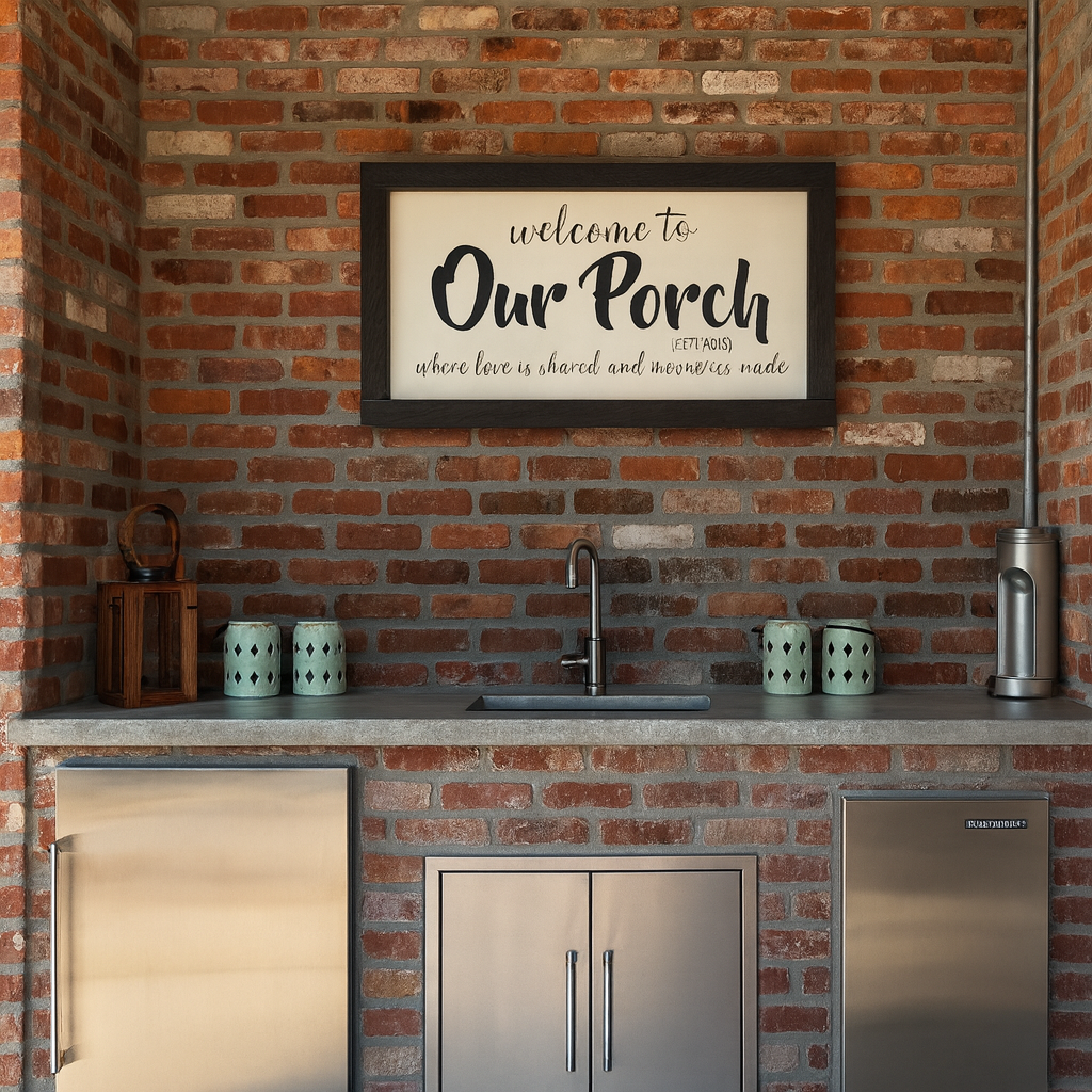 Brick patio bar with stainless cabinets, sink, mugs, and a sign reading “Welcome to Our Porch.”