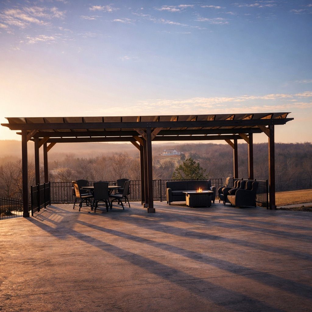 Wooden pergola with outdoor seating on a dusty patio at sunset, long shadows stretching across the ground.