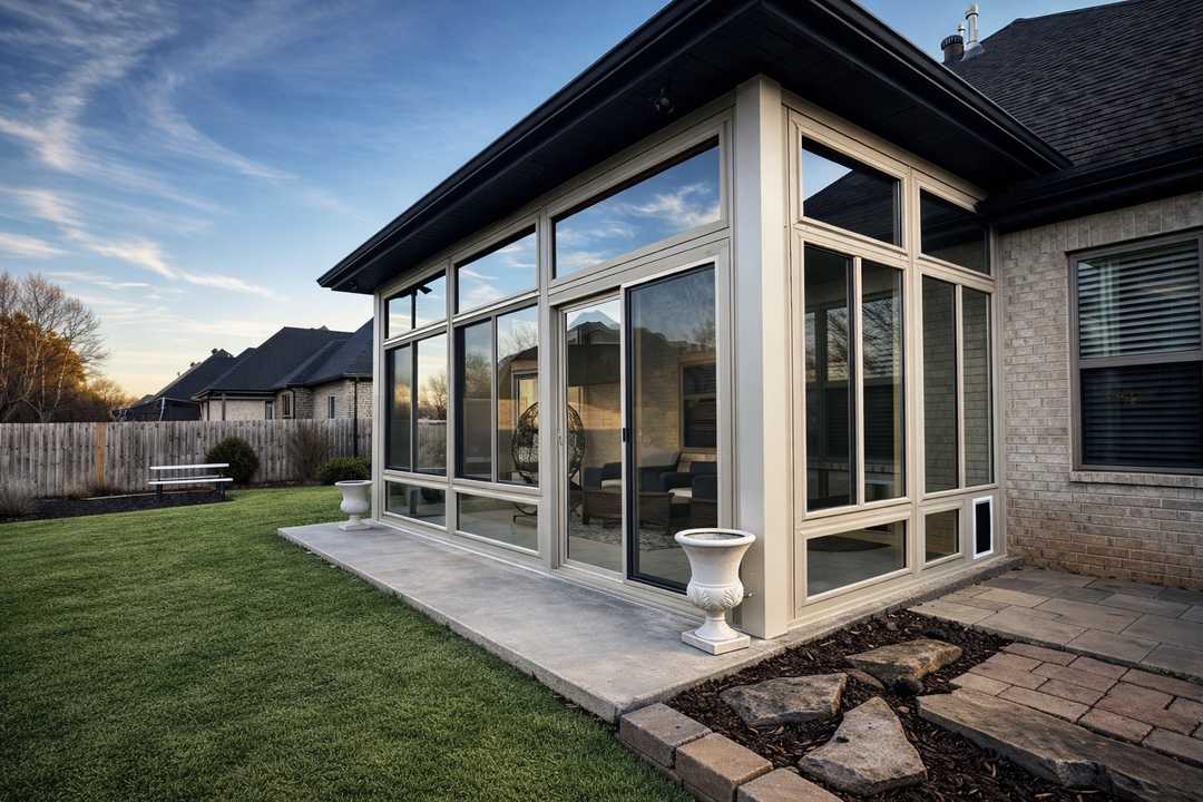 Glass sunroom extension beside a house, with white framing, patio, and lawn at sunset