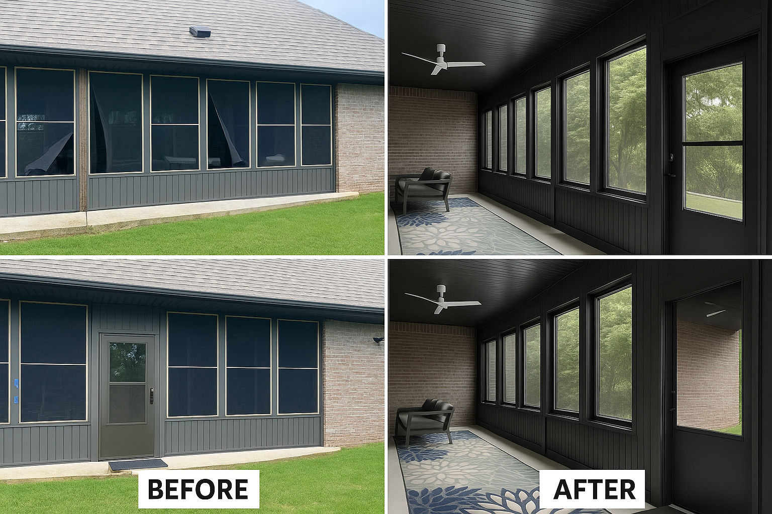 Before-and-after of a screened porch: white-framed windows replaced with dark screened panels.