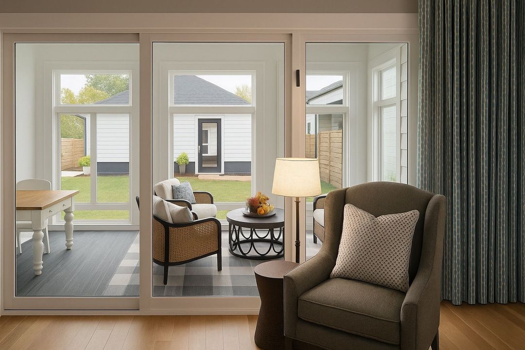 Living room with sliding glass doors opening to a patio, featuring a chair, lamp, and curtains.