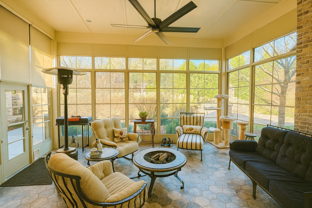 Bright sunroom with floor-to-ceiling windows, wicker and dark sofas, and a ceiling fan around a round coffee table