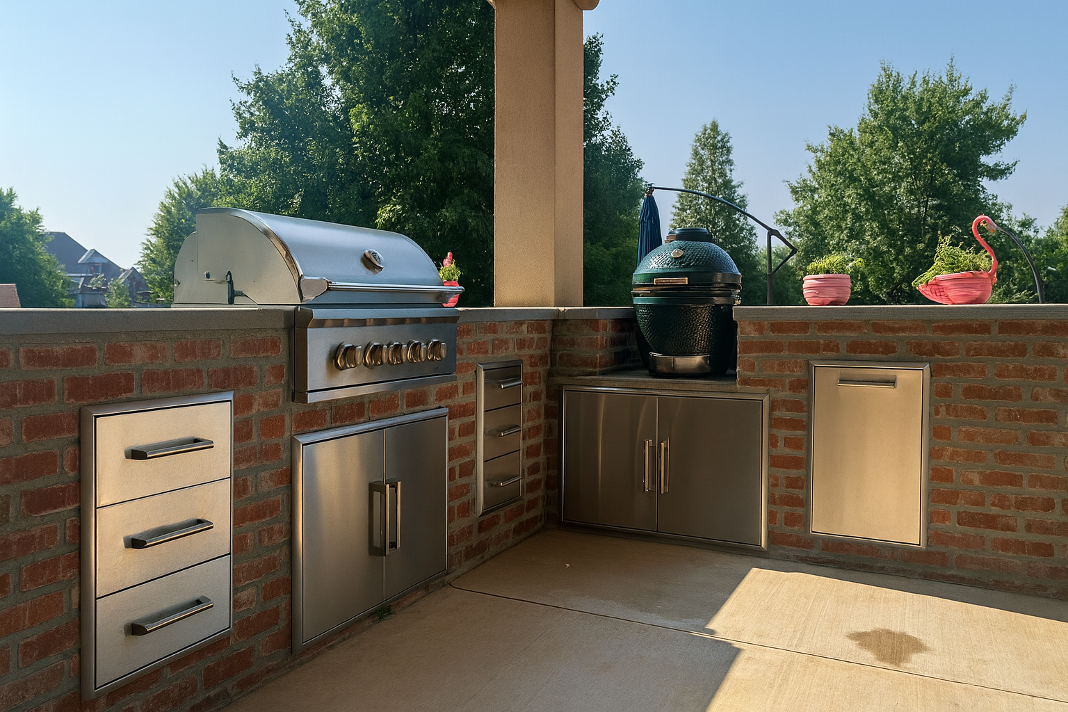Outdoor brick patio with built-in grill, storage cabinets, and a black smoker under a chimney