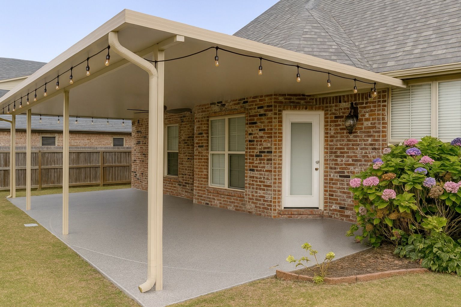Covered brick patio with beige posts, white door, and flowering bushes beside a house