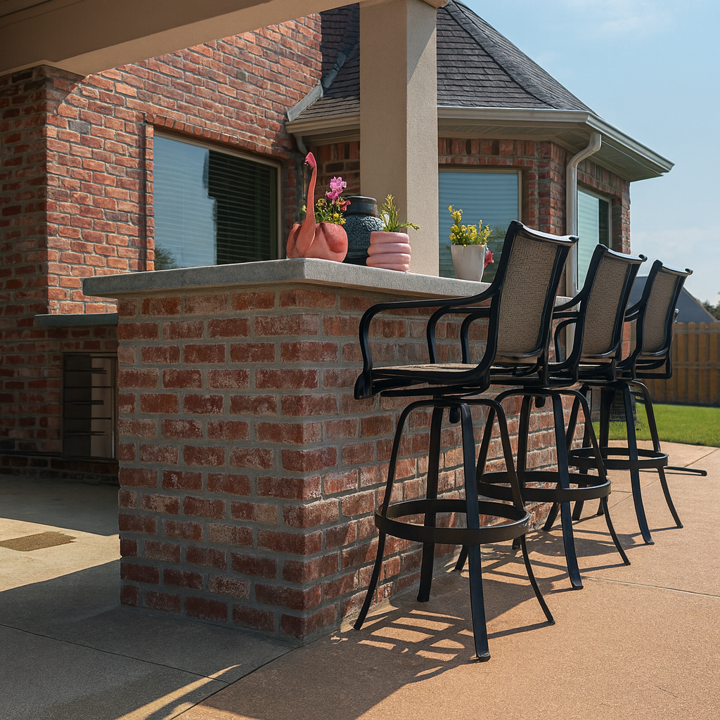 Brick patio bar with tall black chairs and potted flowers beside a house exterior.