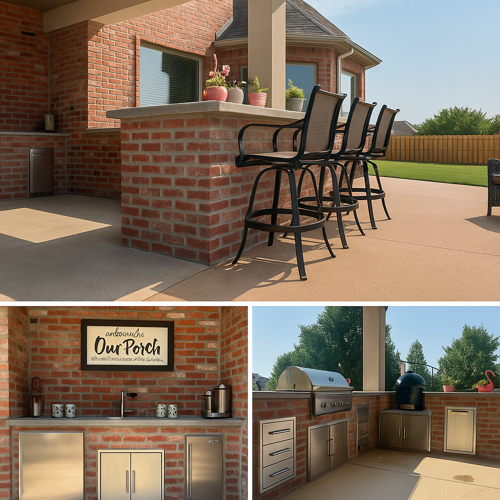 Brick outdoor kitchen with bar stools, grill, and patio seating under a covered patio