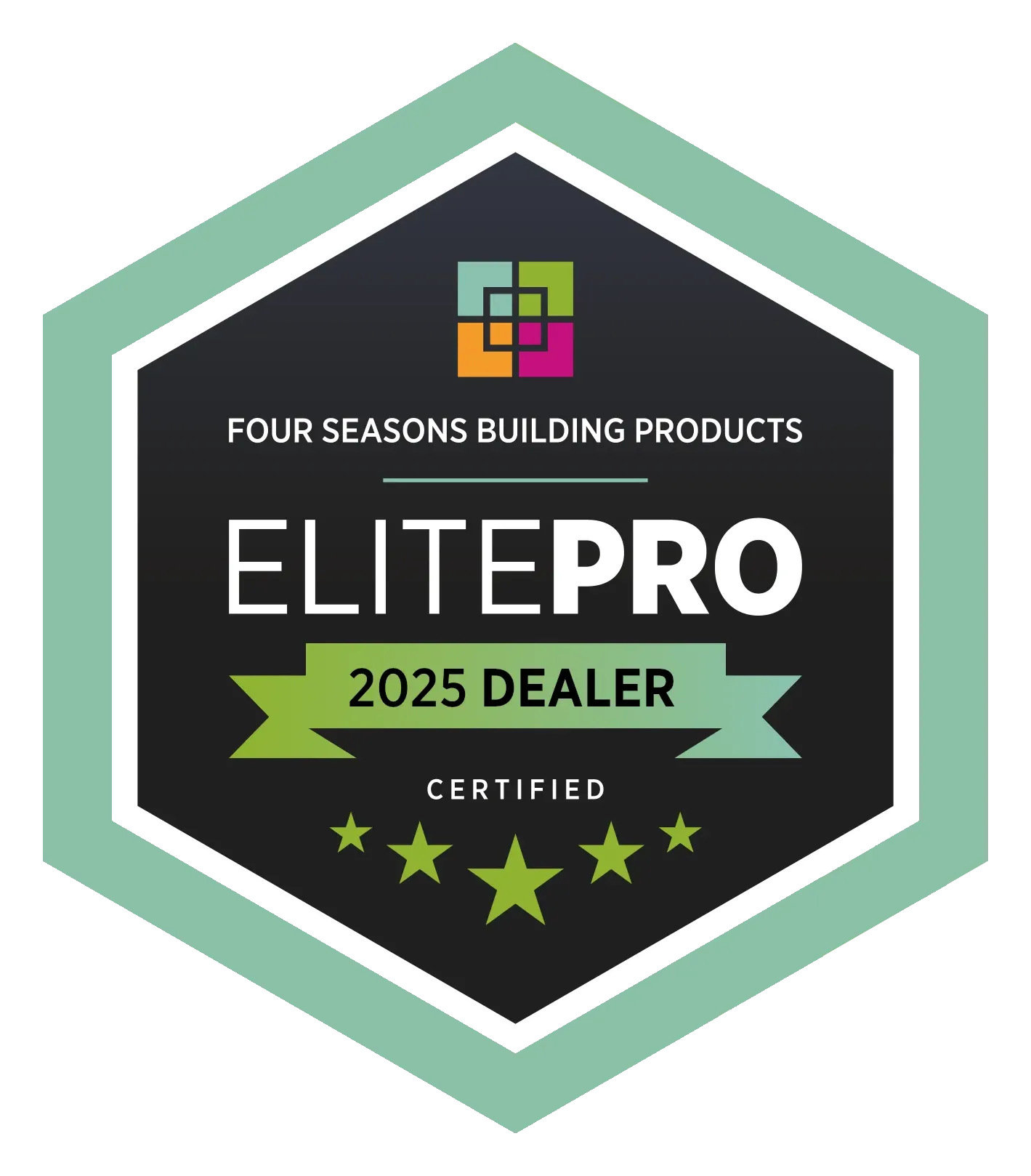 ElitePro 2025 Dealer certified badge with green hexagon border and star accents