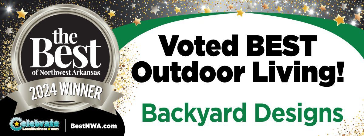Black and gold award banner reading “Voted Best Outdoor Living!” with Backyard Designs logo and 2024 winner seal