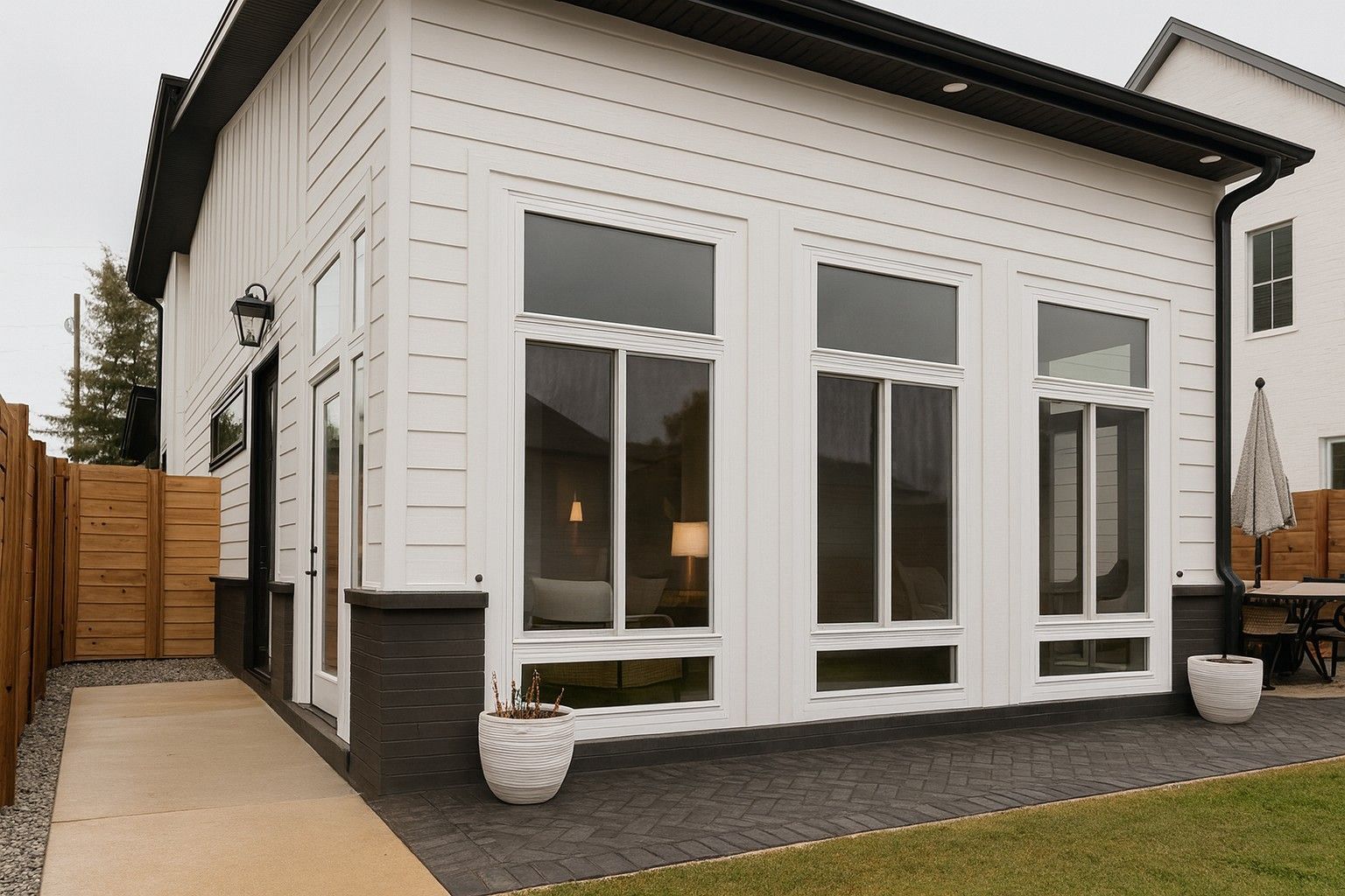 Modern white house exterior with large windows, black trim, and a patio.
