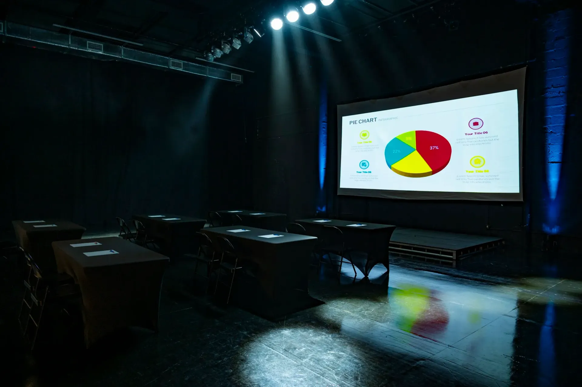 Empty presentation room with a pie chart displayed on a screen. Tables are arranged for an audience.