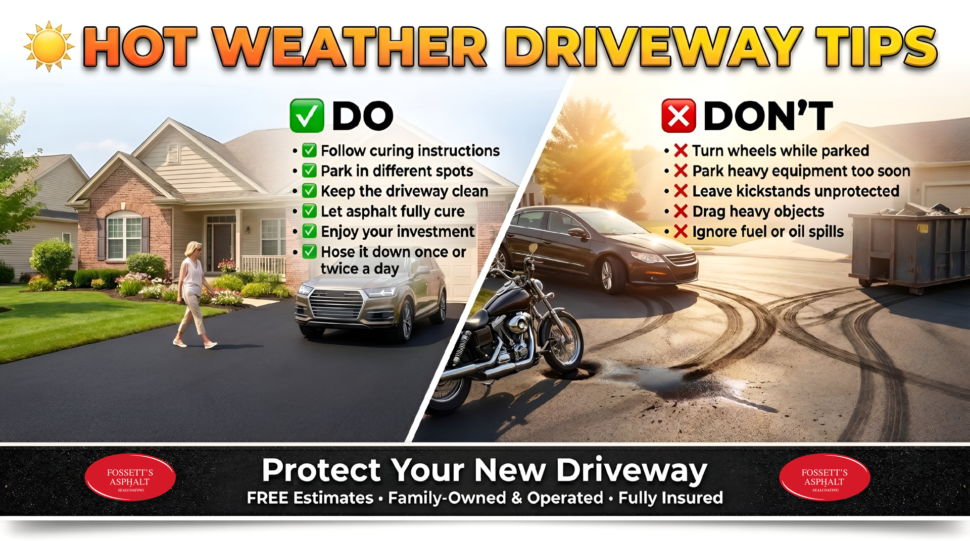 Hot weather driveway tips infographic with do and don't lists over a sunlit driveway scene