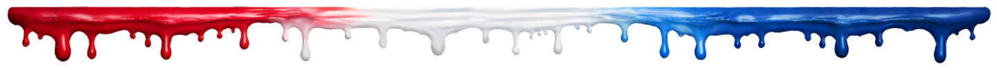 Red, white, and blue paint drips along a horizontal strip on a white background.