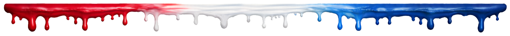 Red, white, and blue paint drips along a horizontal strip on a white background.