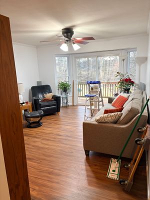 Living room with dark wood floors, a black armchair, a neutral sofa with orange cushions, a ceiling fan, and patio doors.