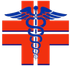 Blue caduceus over a red cross, symbolizing medical care and emergency services