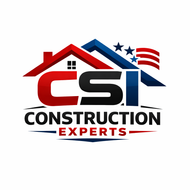 CSI Construction Experts logo in red, white, and blue with house roof and stars