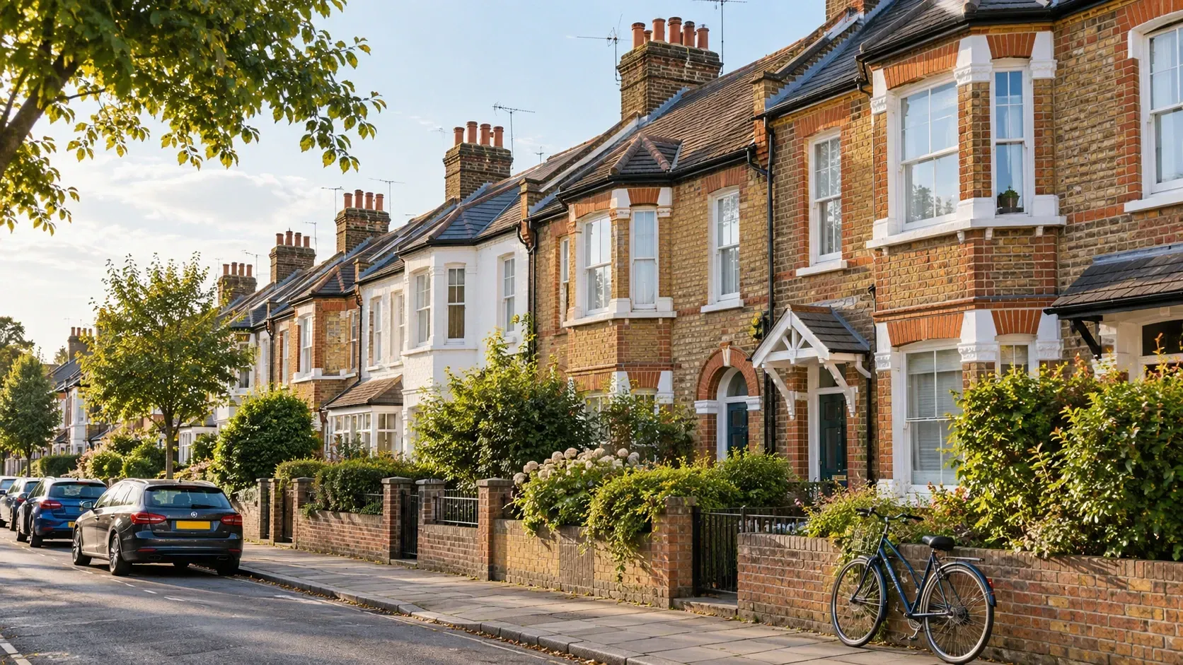 Brick terraced houses with front gardens and parked cars on a quiet residential street.