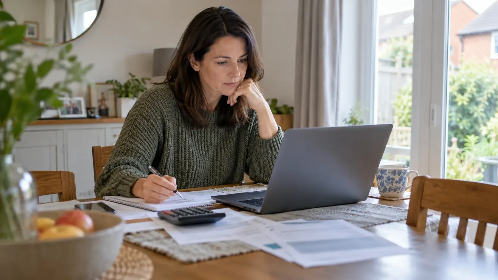 Woman reviewing mortgage paperwork beside a laptop and calculator at her dining table.